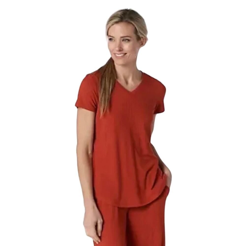 Cuddl Duds Wide Rib V-Neck Tee w/ Side Slits Terra Cotta Red NWOT SIZE XS - Picture 1 of 7
